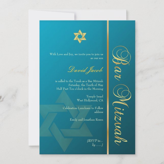 Bar Mitzvah/aquamarines Blau/Gold Einladung (Vorderseite)
