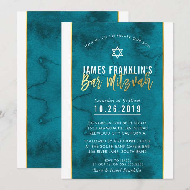 BAR MITZVAH aquamarines blaues Aquarellgoldskript Einladung (Vorne/Hinten)