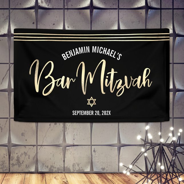 Bar Mitzvah Black Gold Foil Script Tallit Modern Banner (Von Creator hochgeladen)