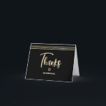 Bar Mitzvah Black Gold Foil Script Tallit Modern Dankeskarte<br><div class="desc">Vergewissern Sie sich, dass Ihr Lieblings-Bar Mitzvah zeigt seine Wertschätzung für alle, die seine Meilenstein-Veranstaltung unterstützt! Versenden Sie diese coole, einzigartige, moderne, personalisierte Dankeschön-Karte. Graphische Imitate Goldfolienkalligraphie-Skript, Star of David, und handgezeichnete tallisierte Linien überlagern einen reichen, dramatischen, schwarzen Hintergrund. Personalisieren Sie den benutzerdefinierten Text mit dem Namen Ihres Bar Mitzvah...</div>