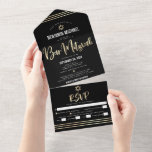 Bar Mitzvah Black Gold Foil Script Tallit Party All In One Einladung<br><div class="desc">Seien Sie stolz, freuen Sie sich und präsentieren Sie diesen Meilenstein Ihres Lieblings-Bar Mitzvah! Versenden Sie diese atemberaubende, moderne, maßgeschneiderte All-in-One-Einladung für eine Veranstaltung, an die Sie sich erinnern können. Graphische Imitate Goldfolienkalligraphie-Skript, Star of David, und handgezeichnete tallisierte Linien überlagern einen reichen, dramatischen, schwarzen Hintergrund. Dieses All-in-One-Produkt verbindet eine individuelle...</div>