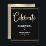 Bar Mitzvah Black Gold Foil Tallit Script Modern Begleitkarte<br><div class="desc">Seien Sie stolz, freuen Sie sich und präsentieren Sie diesen Meilenstein Ihres Lieblings-Bar Mitzvah! Fügen Sie diese atemberaubende, moderne, personalisierte Einlage für zusätzliche Informationen zu Ihrer Veranstaltung ein. Graphische Imitate Goldfolienkalligraphie-Skript, Star of David, und handgezeichnete tallisierte Linien überlagern einen reichen, dramatischen, schwarzen Hintergrund. Ein Imitat goldener Star von David und...</div>