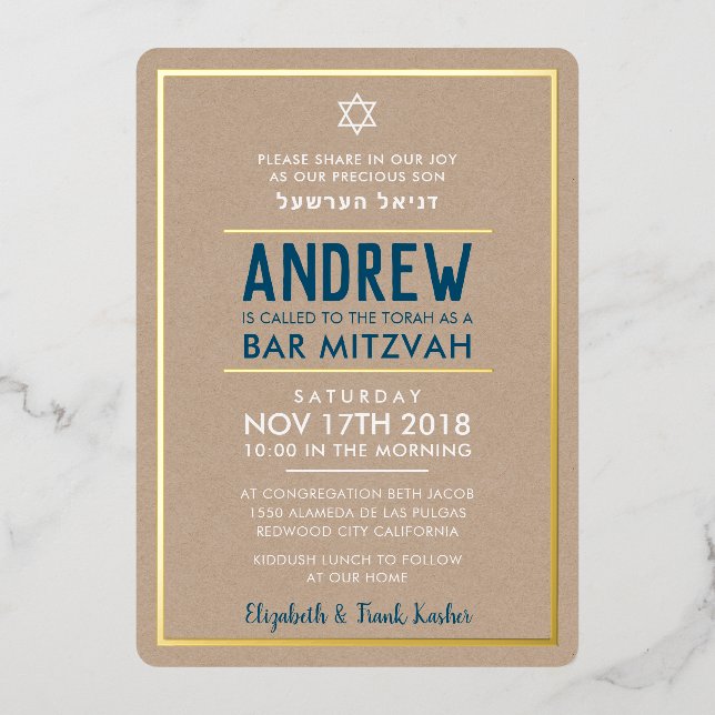 BAR MITZVAH - Blau der intelligenten, fett gedruck Folieneinladung (Vorderseite)
