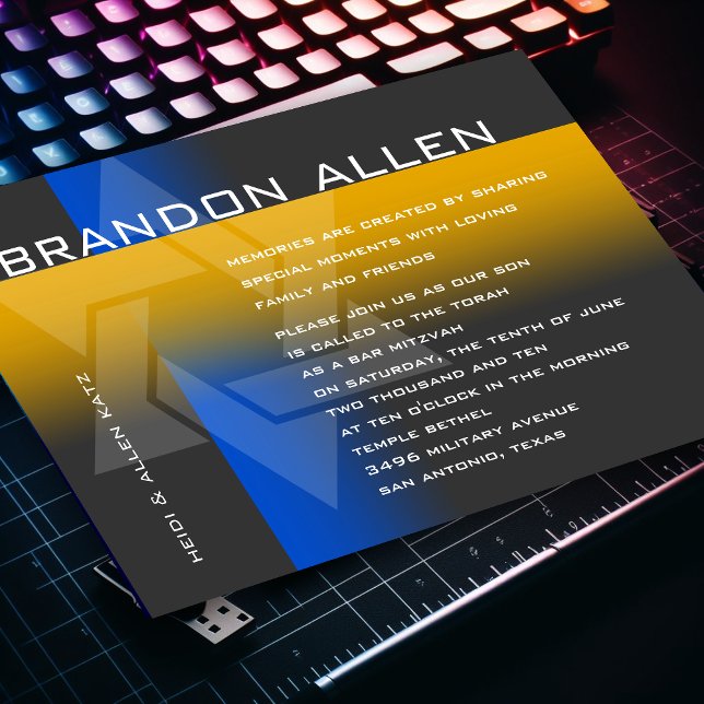 Bar Mitzvah Blau und Gelb für jede Farbe Einladung (Von Creator hochgeladen)