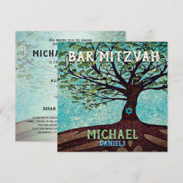 Bar Mitzvah Blauer und Grüner Baum des Lebens Einladung