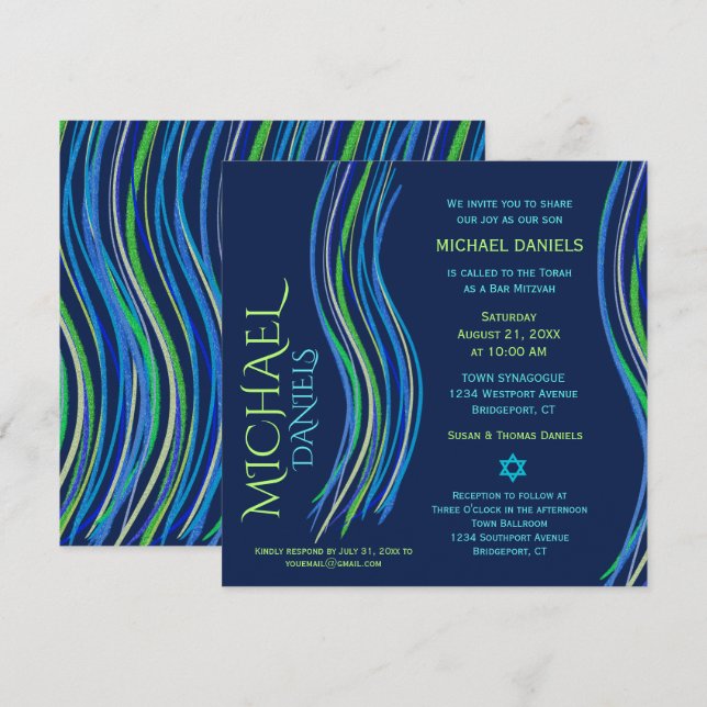 Bar Mitzvah Blue and Green Gebet Shawl Einladung (Vorne/Hinten)
