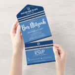 Bar Mitzvah Blue Silver Tallit Modernes, feines Sc All In One Einladung<br><div class="desc">Seien Sie stolz, freuen Sie sich und präsentieren Sie diesen Meilenstein Ihres Lieblings-Bar Mitzvah! Versenden Sie diese coole, einzigartige, moderne, maßgeschneiderte All-in-One-Einladung für eine Veranstaltung, an die Sie sich erinnern können. Fett, weiße Schrift Typografie, Star of David und ein marineblau und Imitate silber Glitzer gestreift tallit inspiriert Grafik Overlay ein...</div>