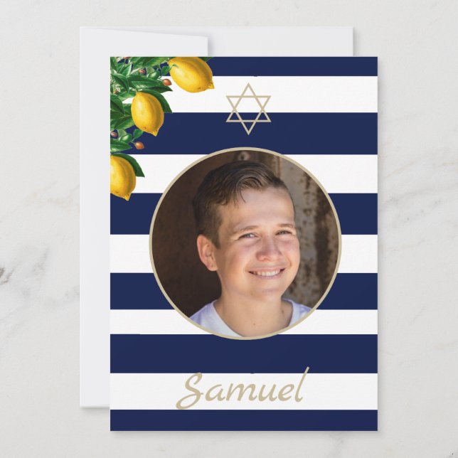 Bar Mitzvah Blue Stripe Modernes Foto Star von Dav Einladung (Rückseite)