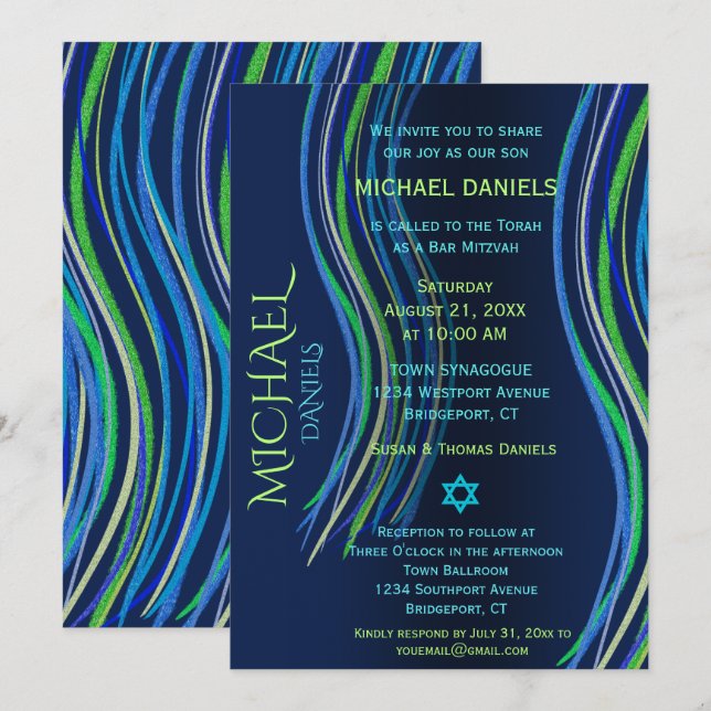 Bar Mitzvah Blue und Green Prayer Shawl Einladung (Vorne/Hinten)