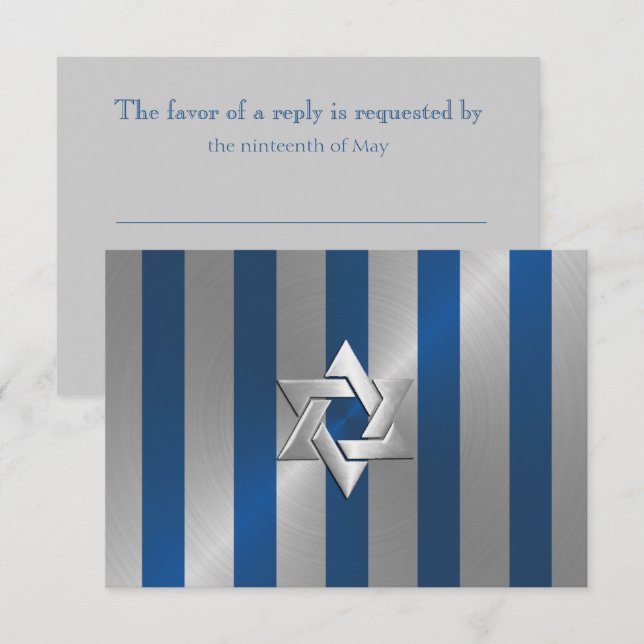 Bar Mitzvah Blue und Silver Stripe Star von David RSVP Karte (Vorne/Hinten)