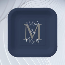 Bar Mitzvah Blue White Grey Name Monogram Pappteller