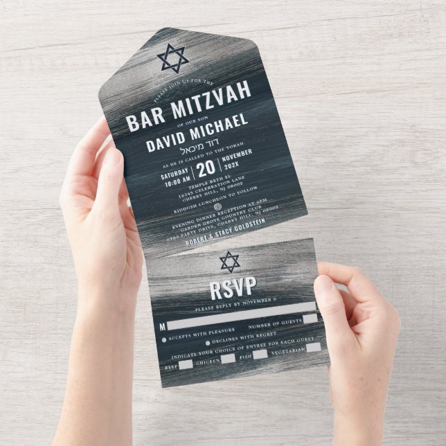 Bar Mitzvah Bold Modern Charcoal Gray Silver Foil All In One Einladung (Abreißen)