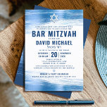 Bar Mitzvah Bold Modern Navy Typografie Blue Foil Einladung<br><div class="desc">Seien Sie stolz, freuen Sie sich und präsentieren Sie diesen Meilenstein Ihres Lieblings-Bar Mitzvah! Versenden Sie diese coole, einzigartige, moderne, personalisierte Einladung für eine Veranstaltung, an die Sie sich erinnern können. Metallische, hellblaue Pinselstriche aus der Folie, gewagte, marineblaue Typografie und Star of David überlagern einen einfachen, weißen Hintergrund. Personalisieren Sie...</div>
