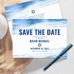 Bar Mitzvah Bold Modern Navy Typografie Blue Foil Save The Date<br><div class="desc">Achten Sie darauf, dass alle Ihre Freunde und Verwandten den Meilenstein Ihres Sohnes Bar Mitzvah feiern können! Versenden Sie diese coole, einzigartige, moderne, personalisierte "Save the Date" Anzeigenkarte. Metallische, hellblaue Pinselstriche aus der Folie, gewagte, marineblaue Typografie und Star of David überlagern einen einfachen, weißen Hintergrund. Personalisieren Sie den benutzerdefinierten Text...</div>