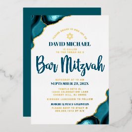 Bar Mitzvah Bold Türkise Agate Script Real Gold Folieneinladung