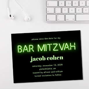 Bar Mitzvah Bright Green Neon Lights Save the Date Einladung