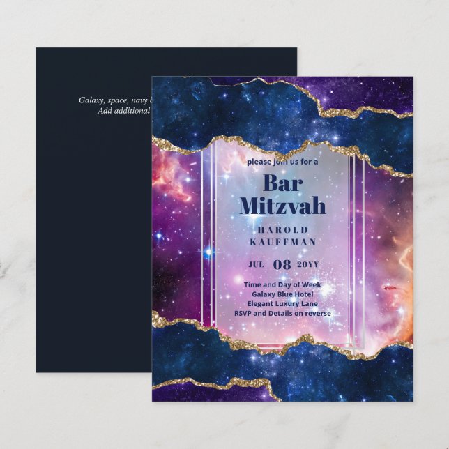 BAR MITZVAH CARDS Celestial Skies Blue Galaxy Gold (Vorne/Hinten)