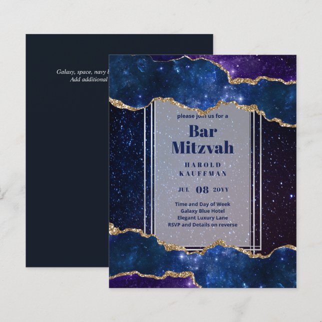 BAR MITZVAH CARDS Celestial Skies Blue Galaxy Gold (Vorne/Hinten)
