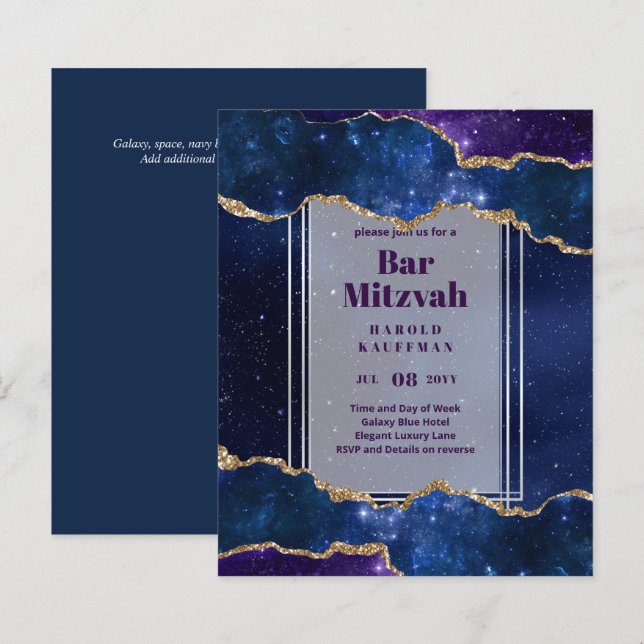 BAR MITZVAH CARDS Celestial Skies Blue Galaxy Gold (Vorne/Hinten)