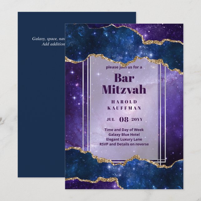 BAR MITZVAH CARDS Celestial Skies Blue Galaxy Gold Einladung (Vorne/Hinten)
