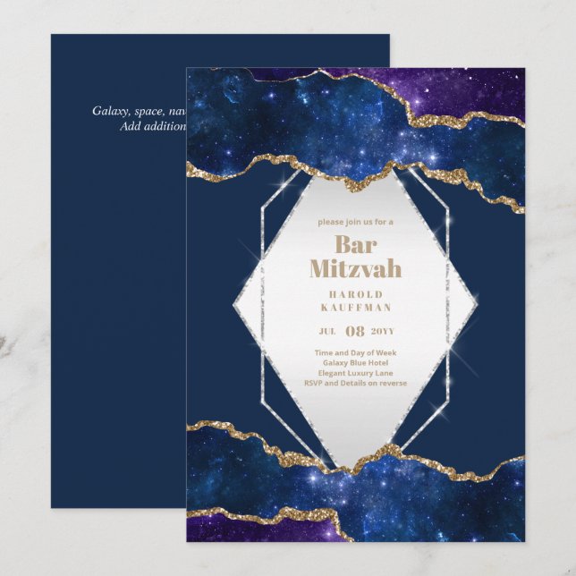 BAR MITZVAH CARDS Celestial Skies Blue Galaxy Gold Einladung (Vorne/Hinten)