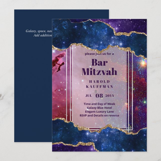 BAR MITZVAH CARDS Celestial Skies Blue Galaxy Gold Einladung (Vorne/Hinten)