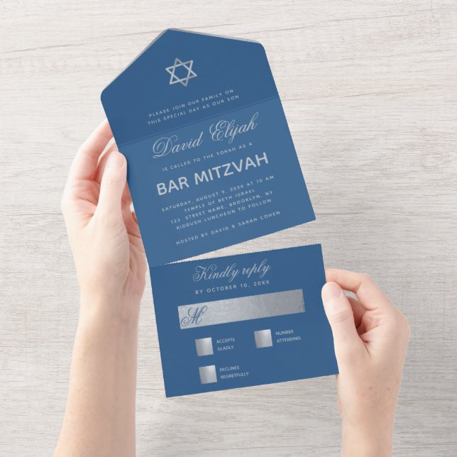 Bar Mitzvah Classic Blue Imitats Silver Star Scrip All In One Einladung (Abreißen)