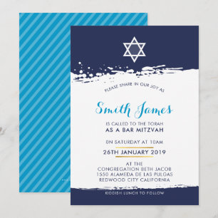 BAR MITZVAH cool modern zwischen Pinselstrich blau Einladung