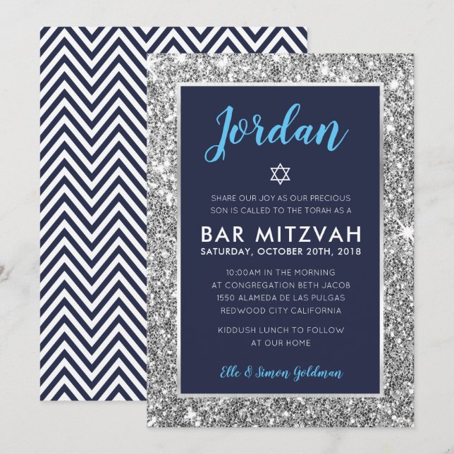 BAR MITZVAH cool zwischen blaublau silber einladen Einladung (Vorne/Hinten)