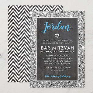 BAR MITZVAH coole Tafel Silber Glitzer einladen Einladung
