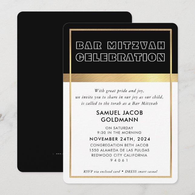 BAR MITZVAH cooler Raum Moderner Schwarzer Goldrah Einladung (Vorne/Hinten)