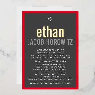BAR MITZVAH einfacher Stern moderner Name grau rot Folieneinladung