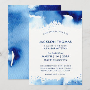 BAR MITZVAH einfacher stilvoller blauer Watercolor Einladung