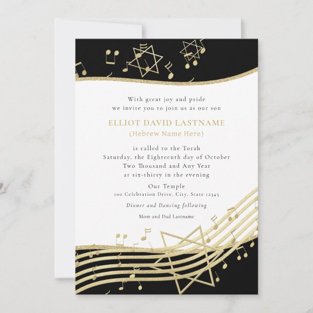 Bar Mitzvah Einladung für Black and Gold Music (Vorderseite)