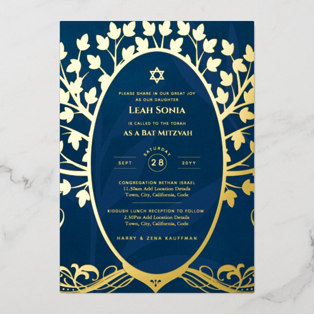 Bar Mitzvah Einladung REAL FOIL Tree of Life Gold (Vorderseite)