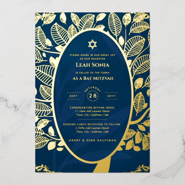 Bar Mitzvah Einladung REAL FOIL Tree of Life Gold (Vorderseite)