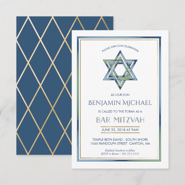 Bar Mitzvah Einladung - Stern von David mit Gold (Vorne/Hinten)