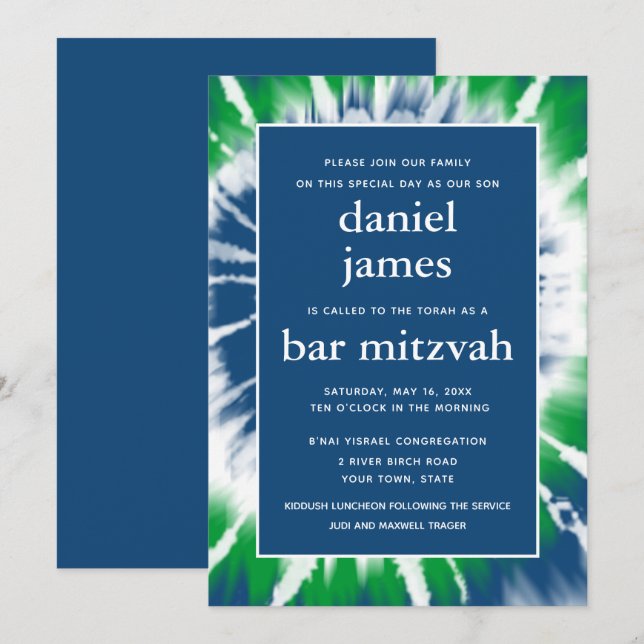 Bar Mitzvah Einladung zur blauen und grünen Gefärb (Vorne/Hinten)