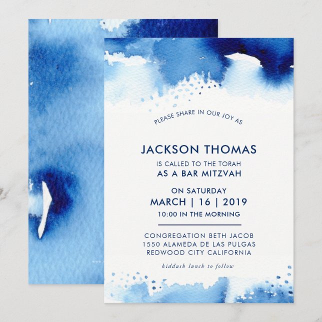 BAR MITZVAH Einladungen für die schlichte, blaue A (Vorne/Hinten)