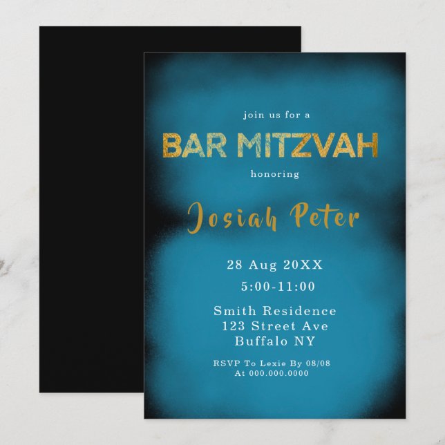 Bar Mitzvah Einladungen für Schwarz und Blau (Vorne/Hinten)