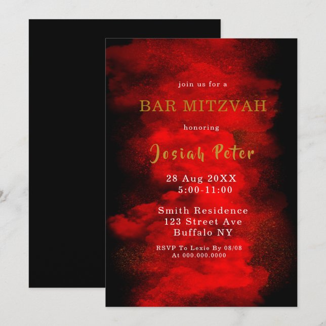 Bar Mitzvah Einladungen für Schwarz und Rot (Vorne/Hinten)