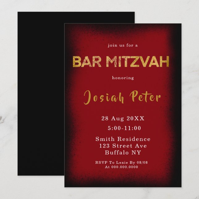 Bar Mitzvah Einladungen zu Black and Burgund Smoke (Vorne/Hinten)