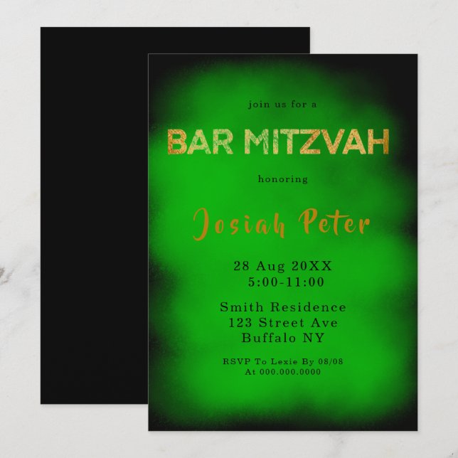 Bar Mitzvah Einladungen zu Schwarz-Grün-Rauch (Vorne/Hinten)