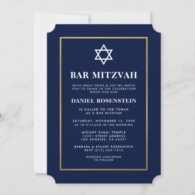 Bar Mitzvah Elegant Blauer und Gold Einladung (Vorderseite)