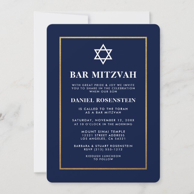 Bar Mitzvah Elegant Invitation Bleu et Or (Devant)