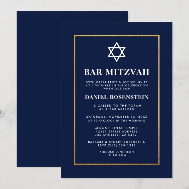 Bar Mitzvah Elegant Invitation Blue Gold (Devant / Derrière)