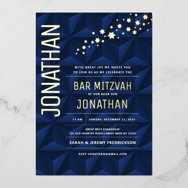 Bar Mitzvah Elegant Navy VRAI OR Foil Invitation (Recto)
