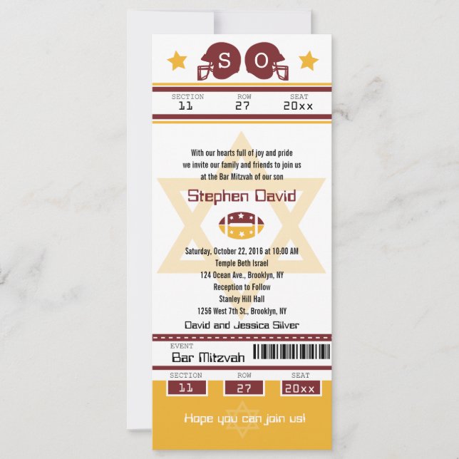 Bar Mitzvah Football Ticket Einladung (Vorderseite)