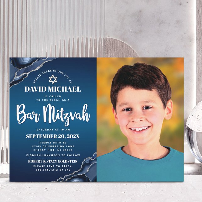 Bar Mitzvah Foto Navy Blue Ombre Agate Script Einladung (Von Creator hochgeladen)