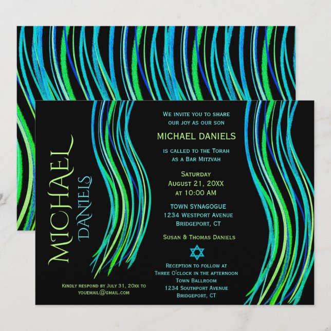 Bar Mitzvah Gebet Shawl Bright Neon Green Einladung (Vorne/Hinten)